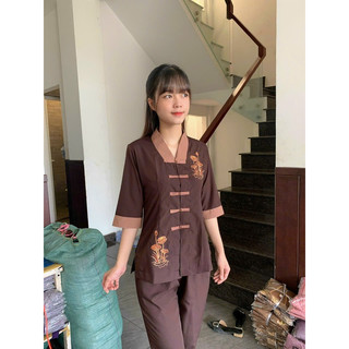 Đồ lam đi chùa, mẫu la hán phối thêu hoa vải kate