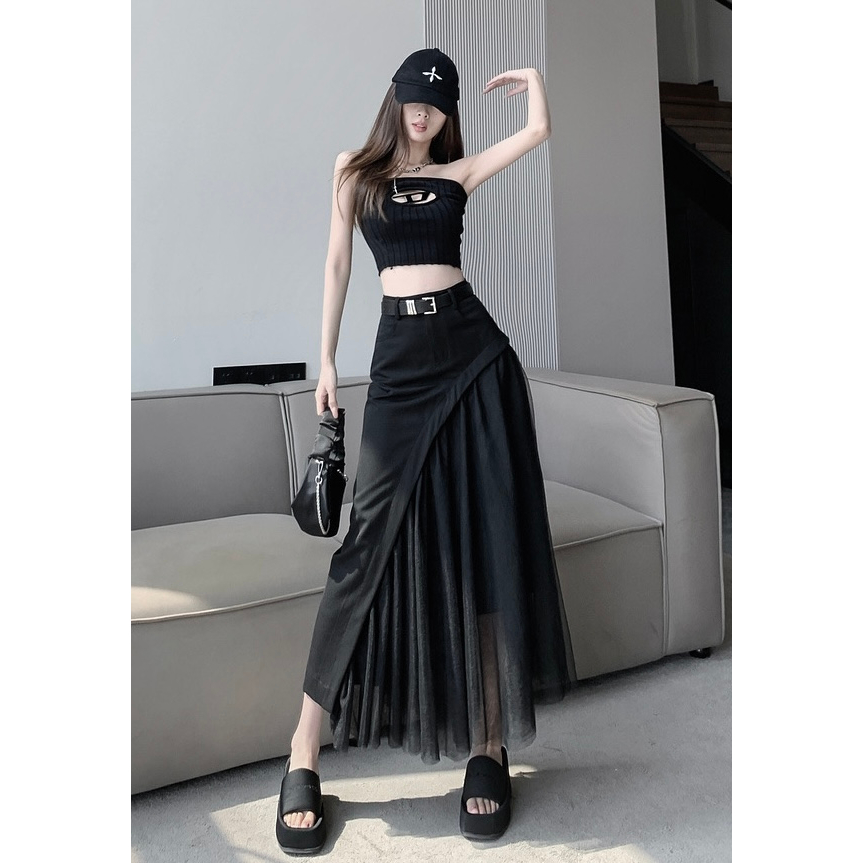 Chân váy dài HAVADW màu đen vạt voan lưới kèm belt CV62