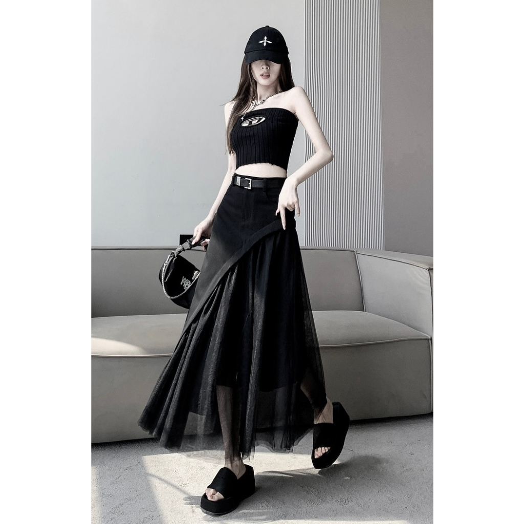 Chân váy dài HAVADW màu đen vạt voan lưới kèm belt CV62