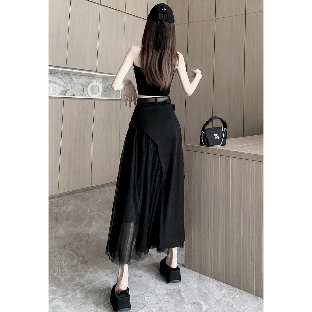 Chân váy dài HAVADW màu đen vạt voan lưới kèm belt CV62