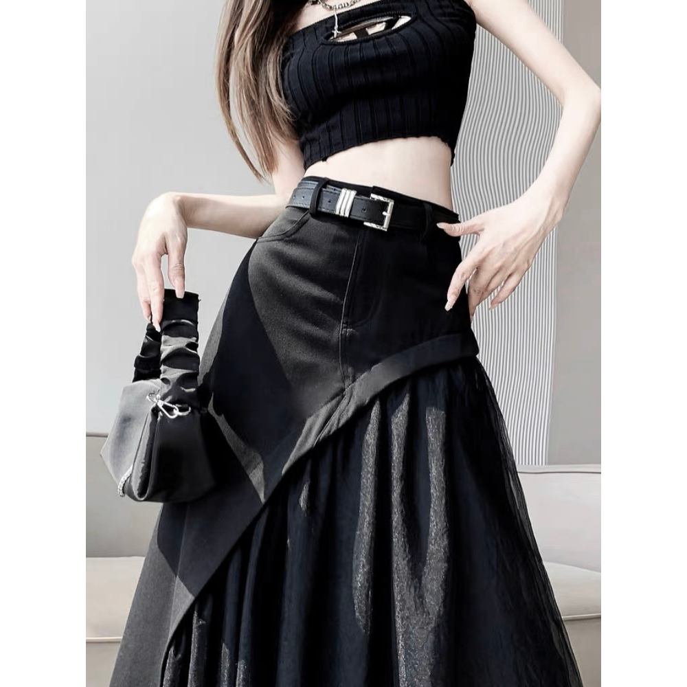 Chân váy dài HAVADW màu đen vạt voan lưới kèm belt CV62