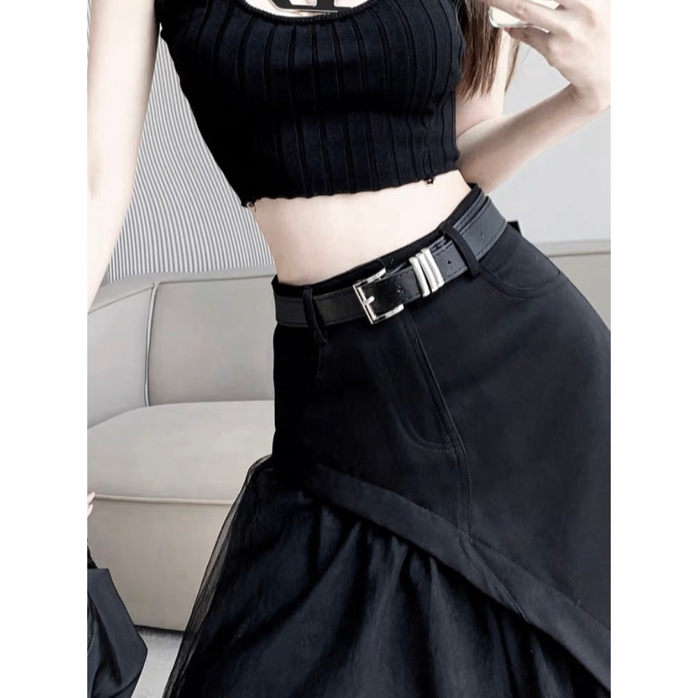 Chân váy dài HAVADW màu đen vạt voan lưới kèm belt CV62