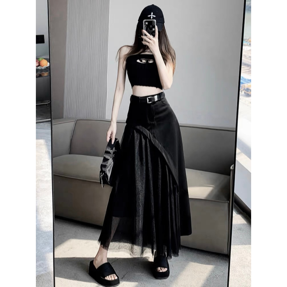 Chân váy dài HAVADW màu đen vạt voan lưới kèm belt CV62