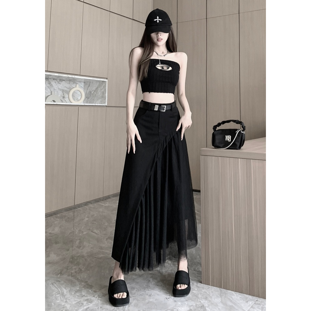 Chân váy dài HAVADW màu đen vạt voan lưới kèm belt CV62