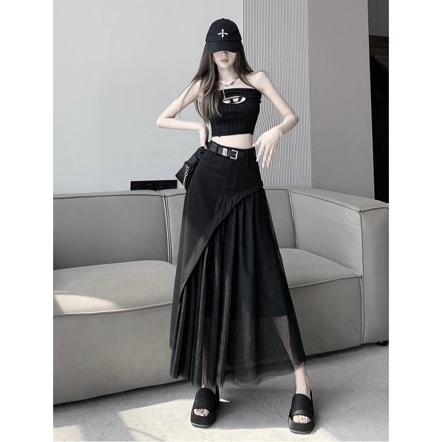 Chân váy dài HAVADW màu đen vạt voan lưới kèm belt CV62