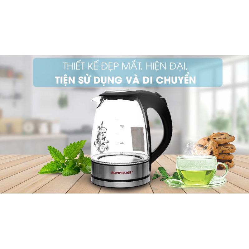 ẤM SIÊU TỐC THUỶ TINH SUNHOUSE DUNG TÍCH 1,8L BẢO HÀNH 12 THÁNG