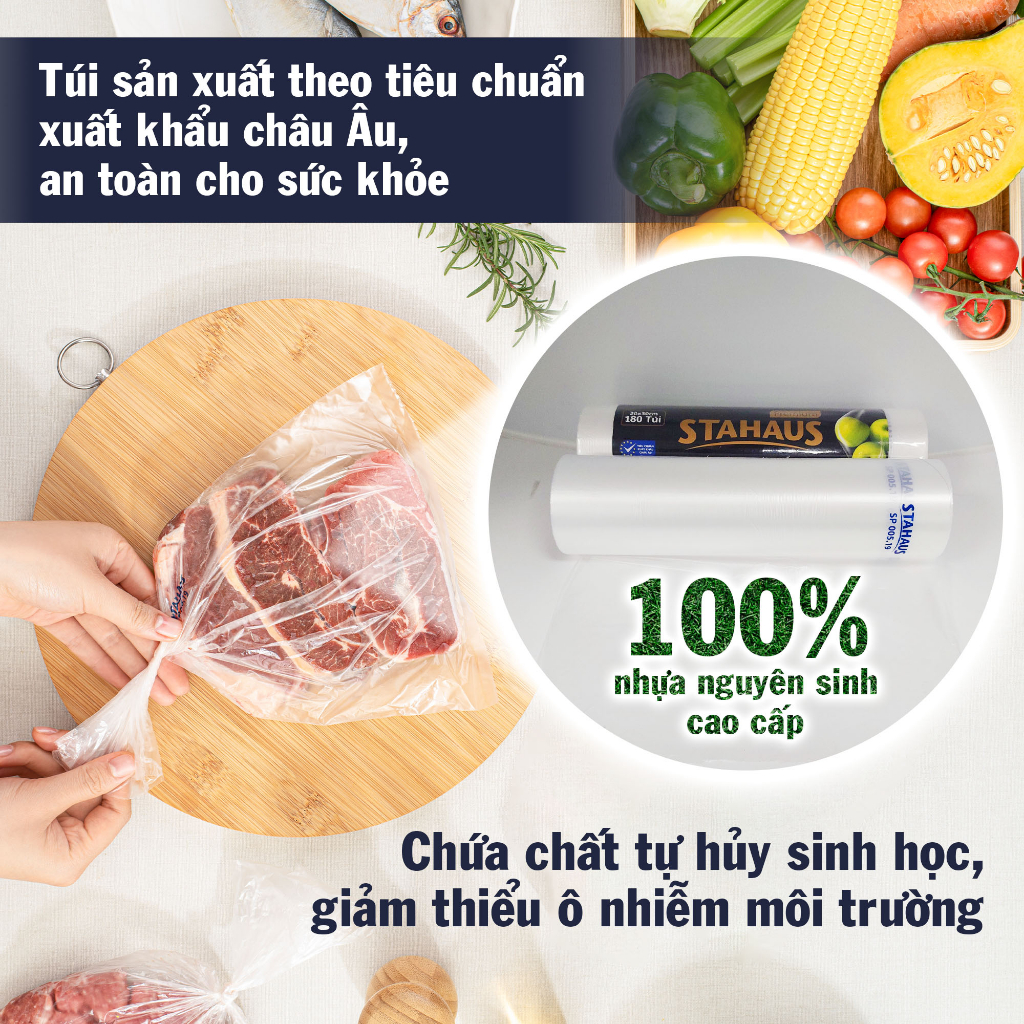 Túi đựng thực phẩm THSH cao cấp quai V STAHAUS Premium 23x35cm cuộn 120 túi