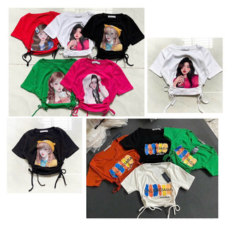 Áo croptop tay ngắn rút dây 2 bên in chữ, in hình cô gái - B5U