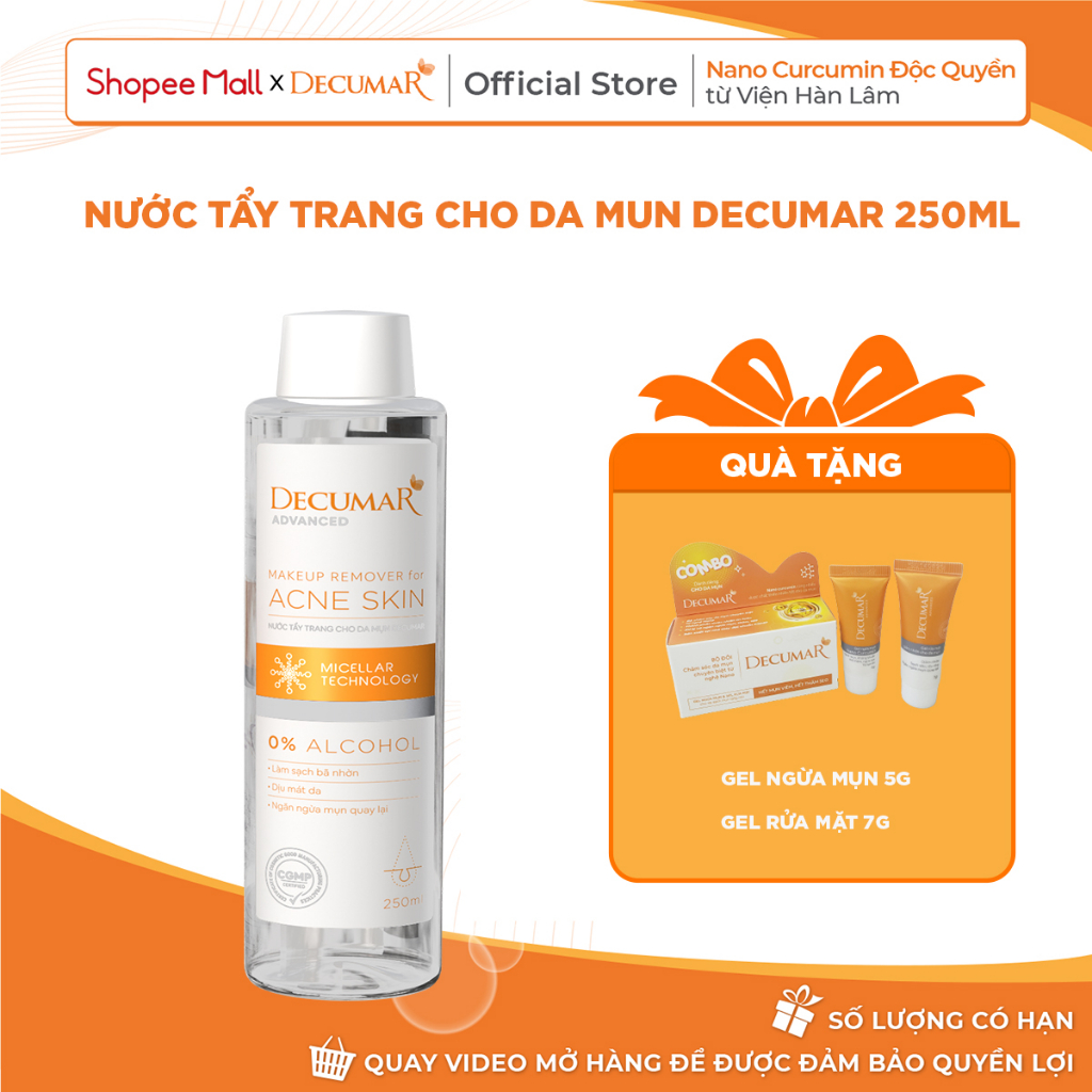 Nước tẩy trang cho da mụn Decumar không cồn, pH 5.5 , sạch sâu, kháng khuẩn, dưỡng ẩm, không khô da, 250ml