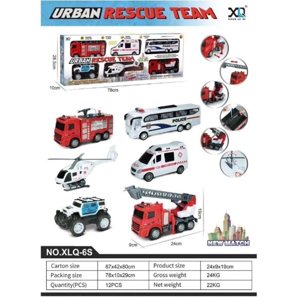 BỘ 6 xe cứu hộ đường phố cỡ siêu lớn cho bé, đồ chơi ô tô xe cảnh sát, xe cứu thương, cứu hoả và trực thăng