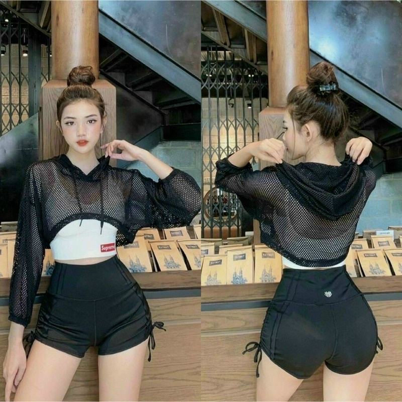 Áo khoác lưới croptop nữ hở ngực tay dài tập gym, thể thao, yoga