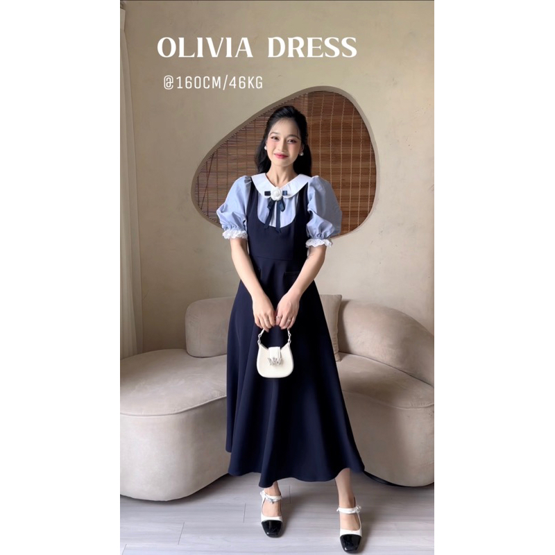 OLIVIA DRESS by Thepeavn - Đầm giả yếm phối sơ mi kẻ xanh than (tặng kèm tag nơ hoa)
