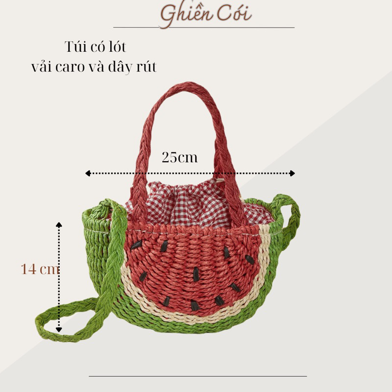 Túi cói dưa hấu quả cam lót vải caro rút miệng xách và đeo chéo dễ thương