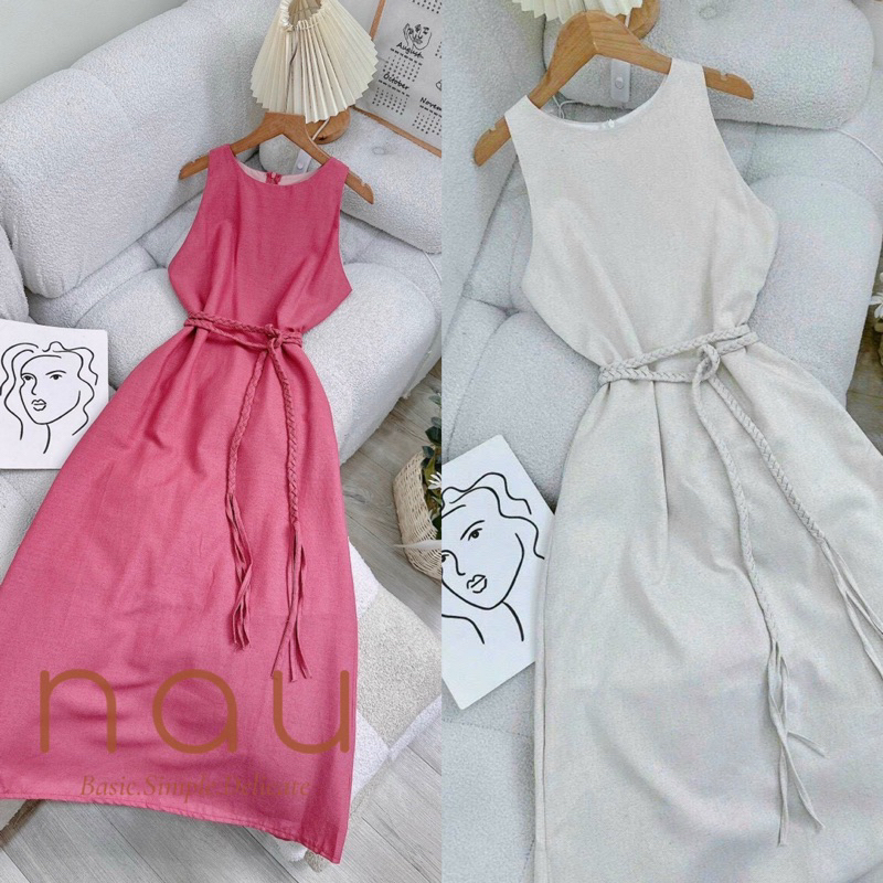 Đầm Linen dáng dài phối dây eo