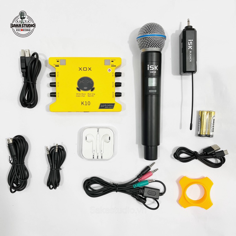 COMBO HÁT LIVE + KARAOKE KHÔNG DÂY ISK SM58 + SOUND CARD K10 10th Tặng Kèm Tai Nghe bảo hành 1 năm