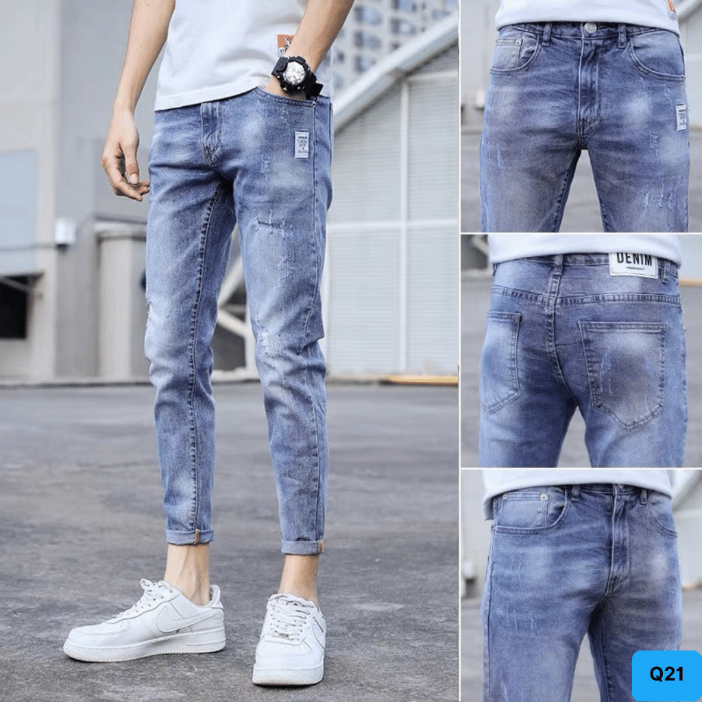 Quần jean nam rách màu xanh xước nhẹ chất bò cao cấp co dãn 4 chiều cực đẹp, quần rin nam ptz.boutique QJ21