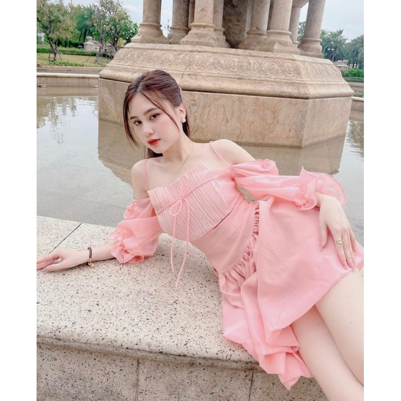 Đầm rớt vai dập ly ngực 4 màu lưng sau nhún thun