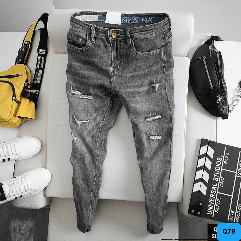 Quần jean nam rách vá gối màu đen đậm chất bò cao cấp co dãn 4 chiều cực đẹp, quần rin nam ptz.boutique QA78
