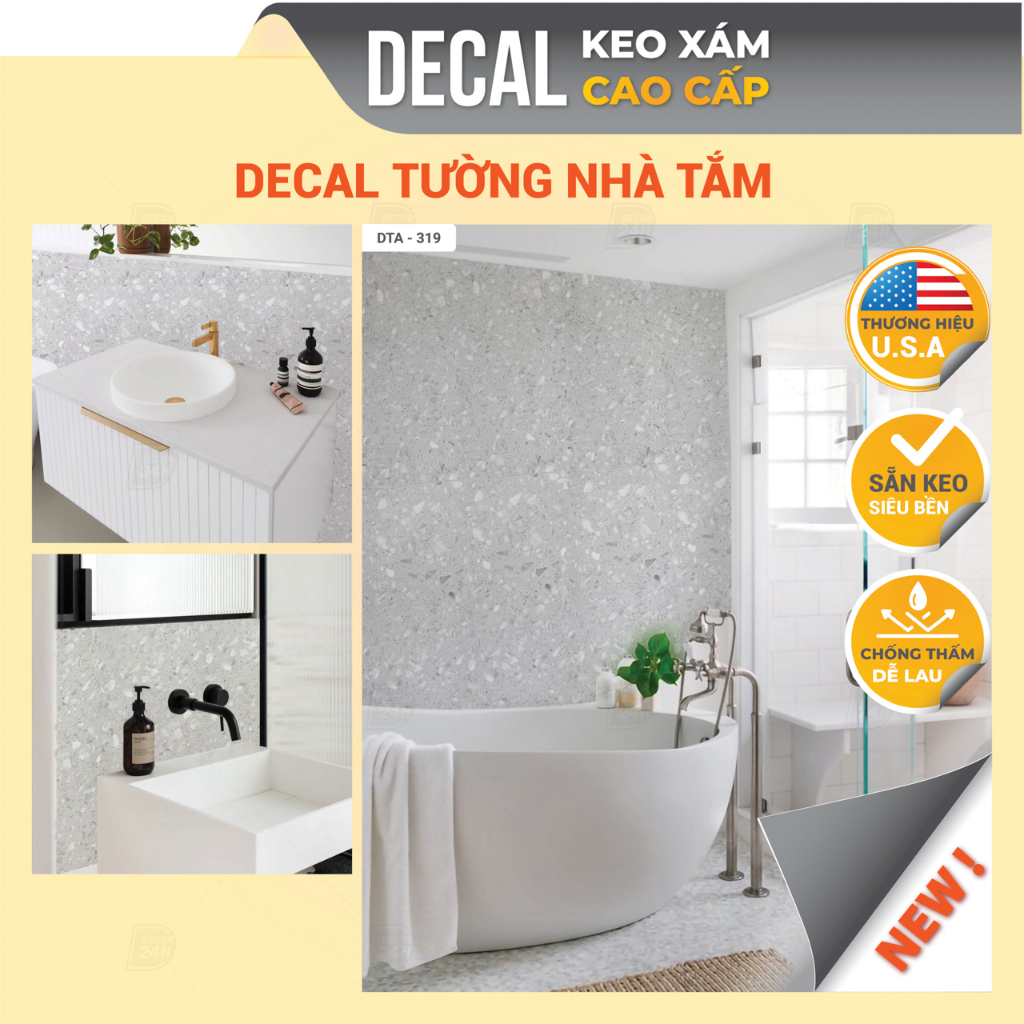 Miếng dán tường nhà tắm Terrazzo hàng cao cấp, giấy dán toilet keo xám loại dày chống thấm nước - Decor 24h DTA-319