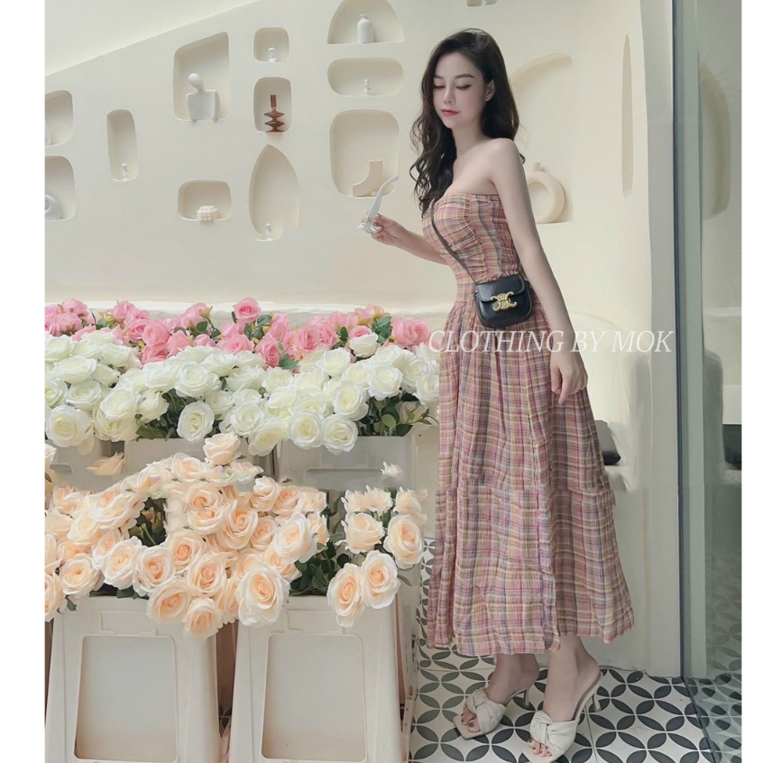 Đầm Thời Trang Nữ Dự Tiệc Chất Cotton Lạnh Caro Cúp Ngực Có Mút Không Tay Dáng Váy Dài Xoè Có Lót Maxi Siêu Xinh