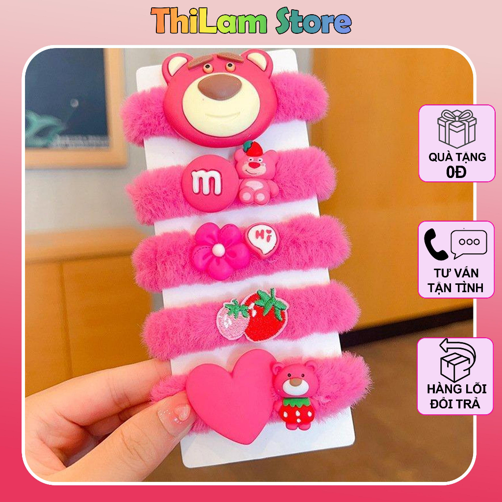 Set 5 dây cột tóc lông gấu hồng Lotso cute