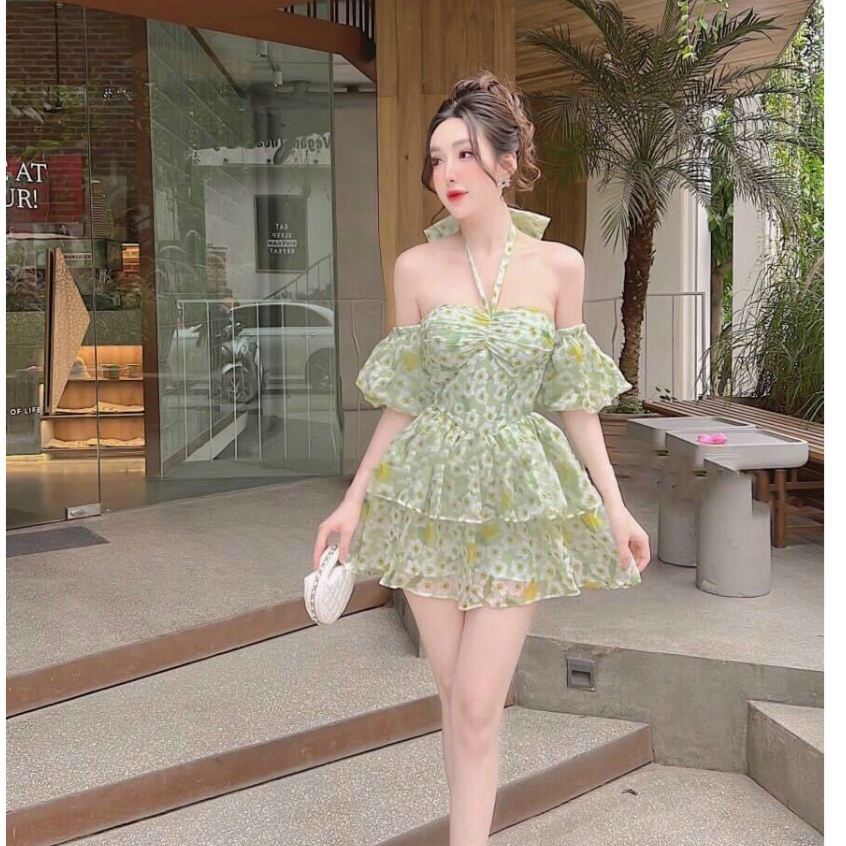 Đầm Dự Tiệc Thời Trang Nữ Chất Voan Hoa Có Mút Cổ Dây Nơ Sau Tay Ngắn Dáng Váy Dài Xoè Nhiều Tầng Có Lót Maxi