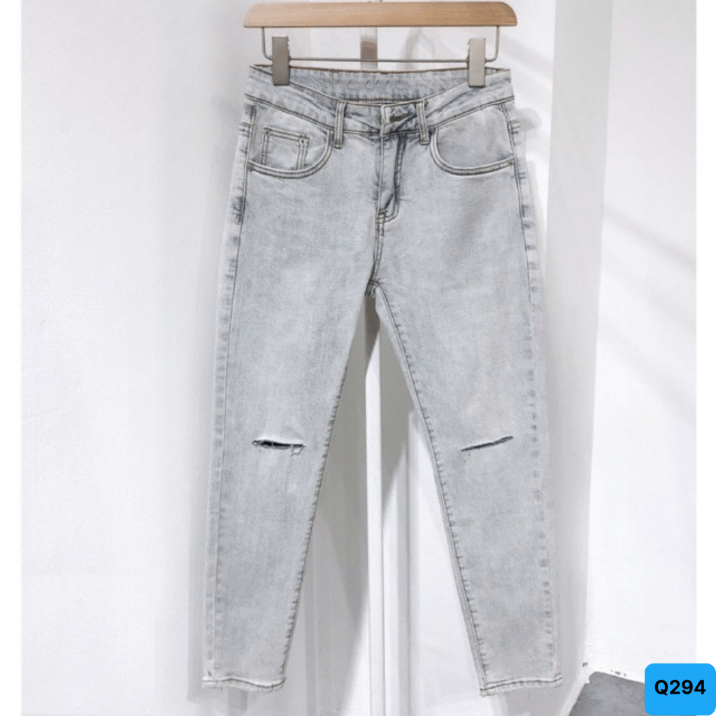 Quần jean nam rách gối màu xám bạc chất bò cao cấp co dãn 4 chiều cực đẹp, quần rin nam ptz.boutique Q294