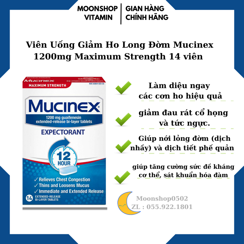 Viên uống cắt cơn ho có đàm, tức ngực Mucinex 1200mg Maximum Strength 14 viên