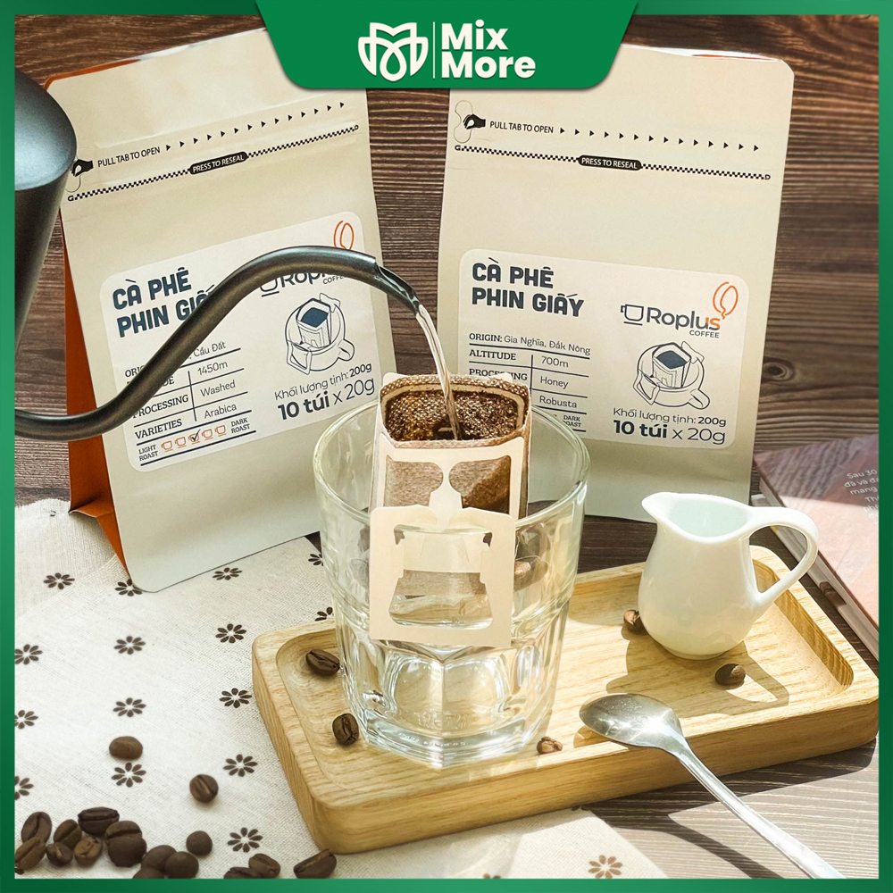 Cà phê phin giấy Robusta, Arabica Roplus Coffee 100% nguyên chất rang mộc thơm ngon túi 10 gói 18gram tiện lợi