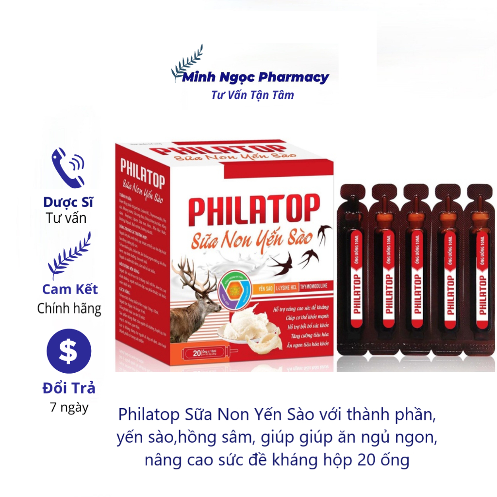 Philatop Sữa Non Yến Sào với thành phần, yến sào,hồng sâm, giúp giúp ăn ngủ ngon, nâng cao sức đề kháng hộp 20 ống