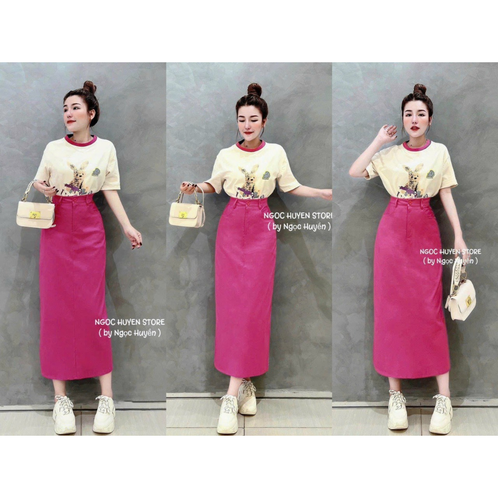 Set thời trang nữ đi chơi,Set váy dài màu hồng phối áo in hình dễ thương thanh lịch