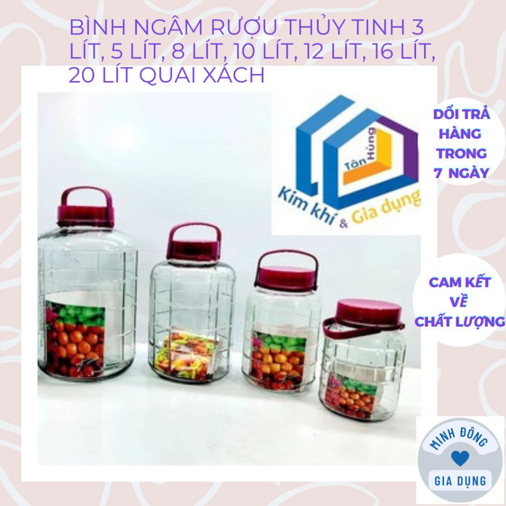 Bình Ngâm Rượu Thủy Tinh 3 Lít, 5 Lít, 8 Lít, 10 Lít, 12 Lít, 16 Lít, 20 Lít Quai Xách