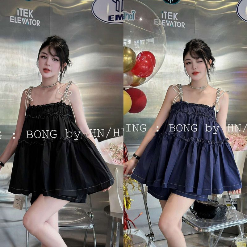 B51 Set Babydoll Đũi Jeans Áo 2Dây Xích Nơ Kèm Quần Short Siêu Cưng