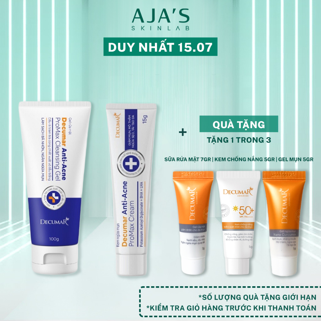 Combo làm sạch sâu, ngừa mụn, giảm thâm, sẹo Decumar ProMax Anti-Acne (Sữa rửa mặt 100g + Kem mụn 15g)