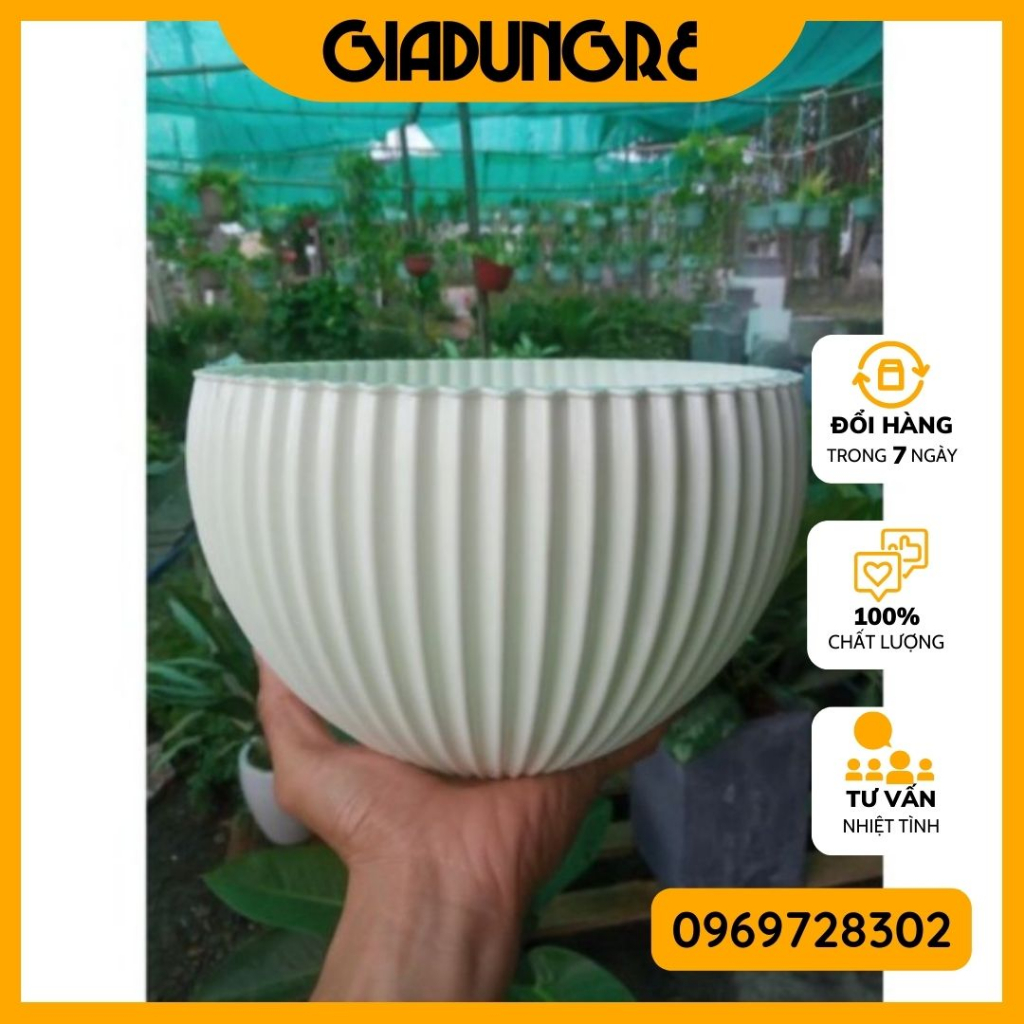 Chậu nhựa tròn gân sọc màu trắng hiện đại (chậu + dây) phong cách rất Châu Âu