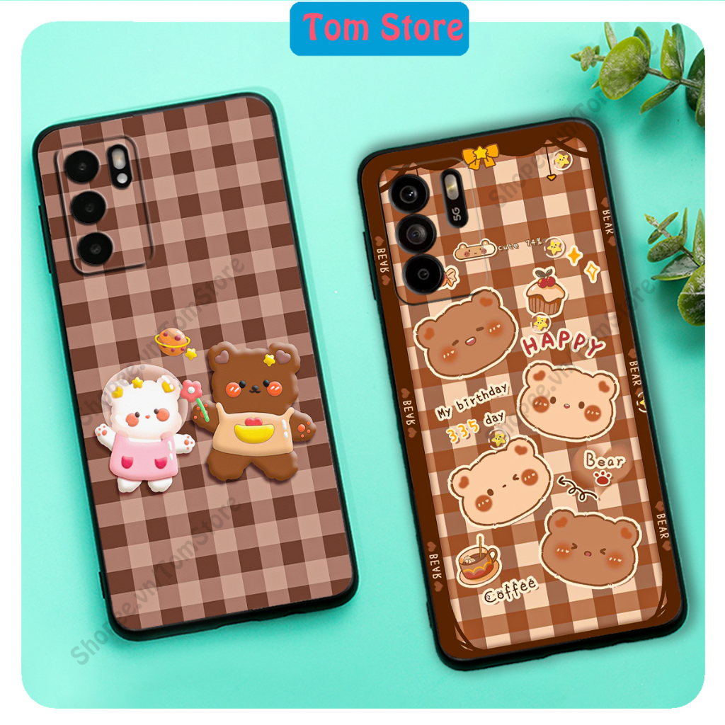Ốp lưng Oppo Reno 6 / Reno 6Z 5G / Reno 6 in hình nền caro gấu thỏ, gấu bear cute