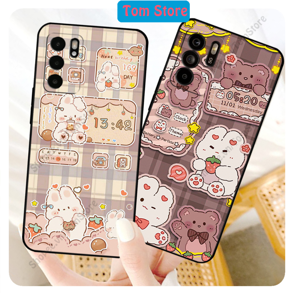 Ốp lưng Oppo Reno 6 / Reno 6Z 5G / Reno 6 in hình nền caro gấu thỏ, gấu bear cute