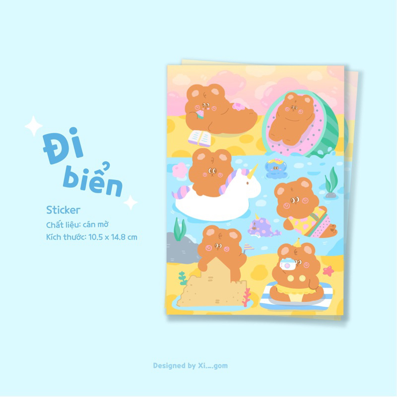 Sticker nhãn dán con gấu dễ thương in Đi biển in tự thiết kế