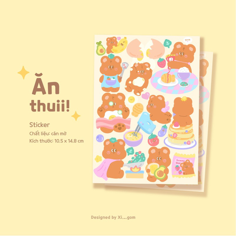 Sticker nhãn dán con gấu dễ thương in Ăn thuii! in tự thiết kế