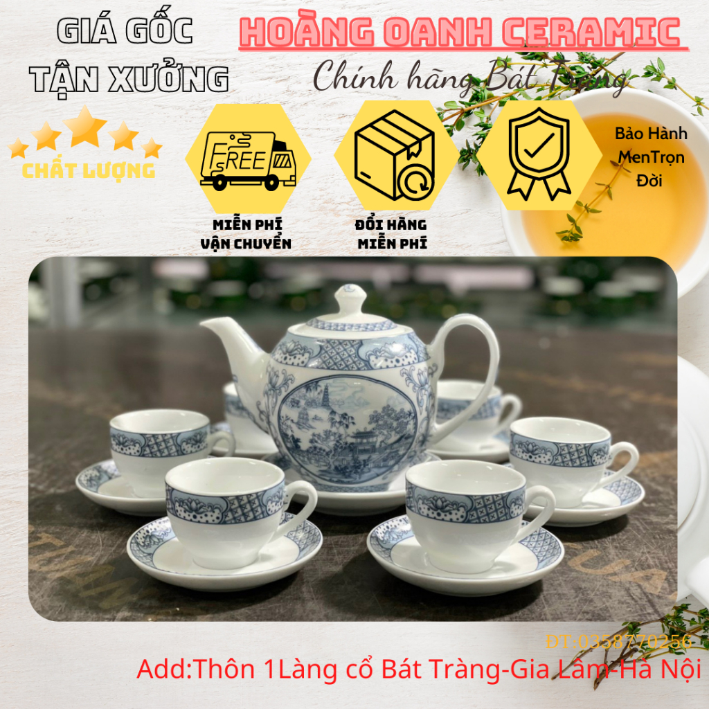 (CHỌN 6 MẪU)Ấm chén pha trà Bát Tràng-men Trắng vẽ Trúc Lâm Thất HiềnTứ Cảnh Việt Nam, -dáng Minh Long 500ml