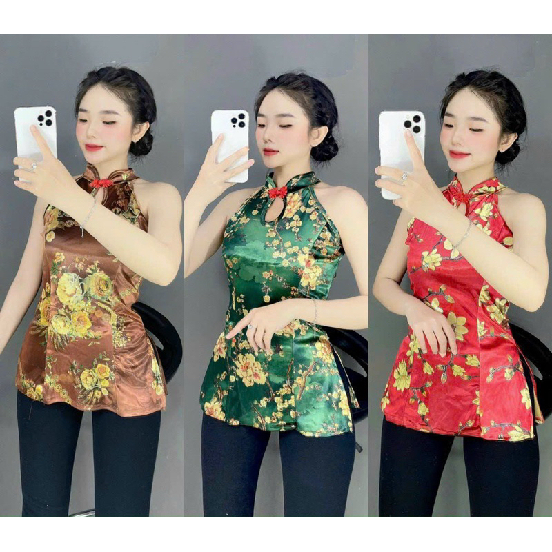 Set Lụa Áo Sườn Xám Bông Mai + Quần Legging