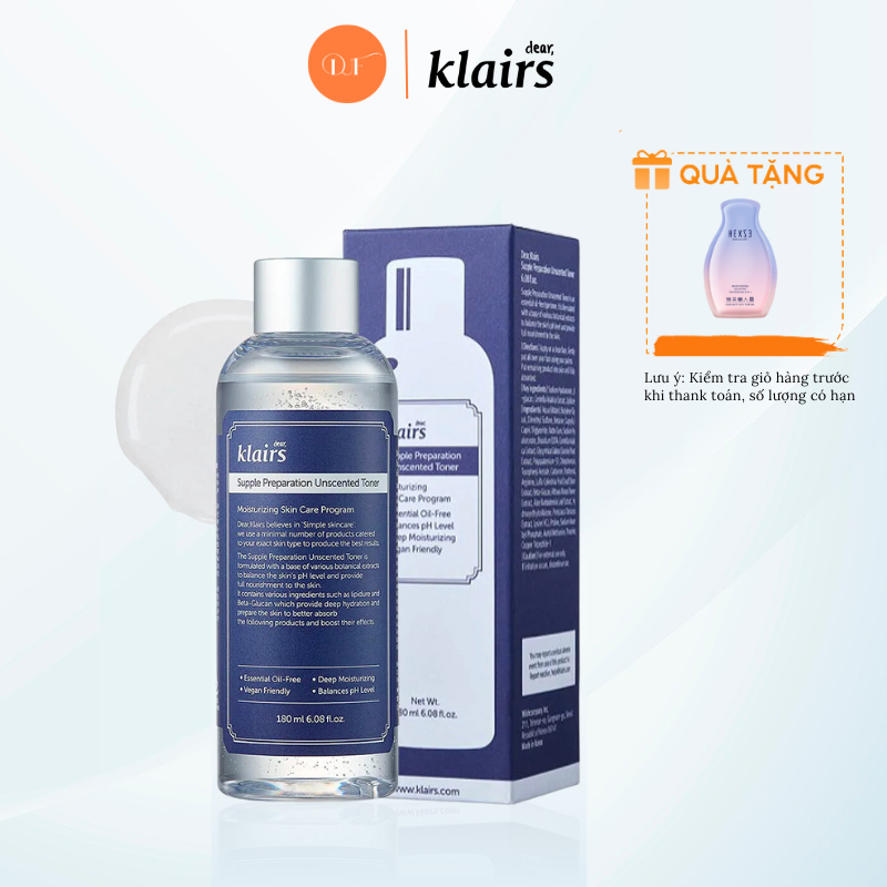 Nước Hoa Hồng Không Mùi Dưỡng Ẩm Da Và Làm Mềm Da Dear Klairs Supple Preparation Unscented Toner 180ml