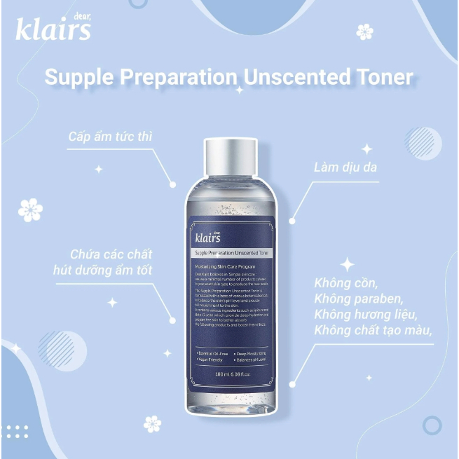 Nước Hoa Hồng Không Mùi Dưỡng Ẩm Da Và Làm Mềm Da Dear Klairs Supple Preparation Unscented Toner 180ml