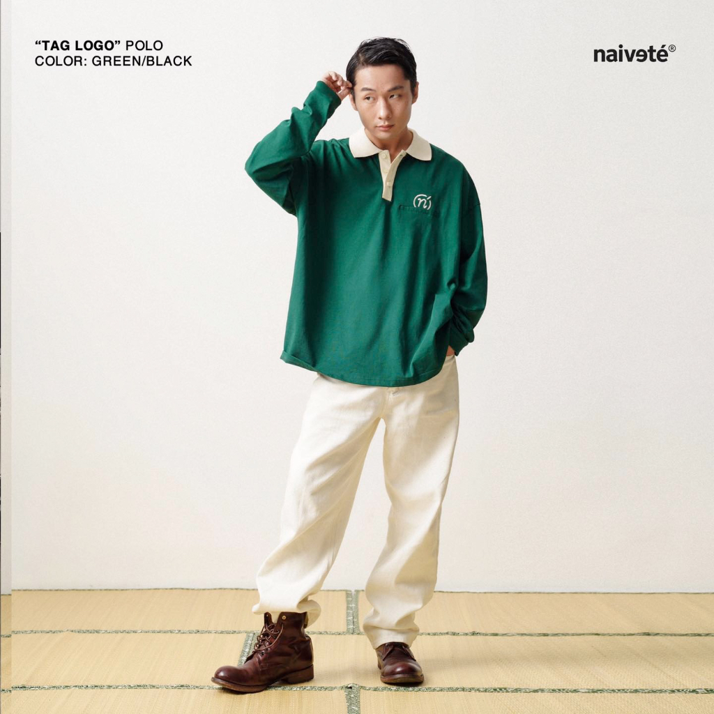 Áo polo dài tay unisex Tag Logo NAIVETE sweater cổ bẻ chất liệu cotton