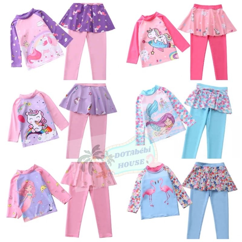 <35kg Đồ bơi áo tắm 2 mảnh gồm áo dài tay quần dài phối dạng váy size đại cho bé gái mã SW0418.0422