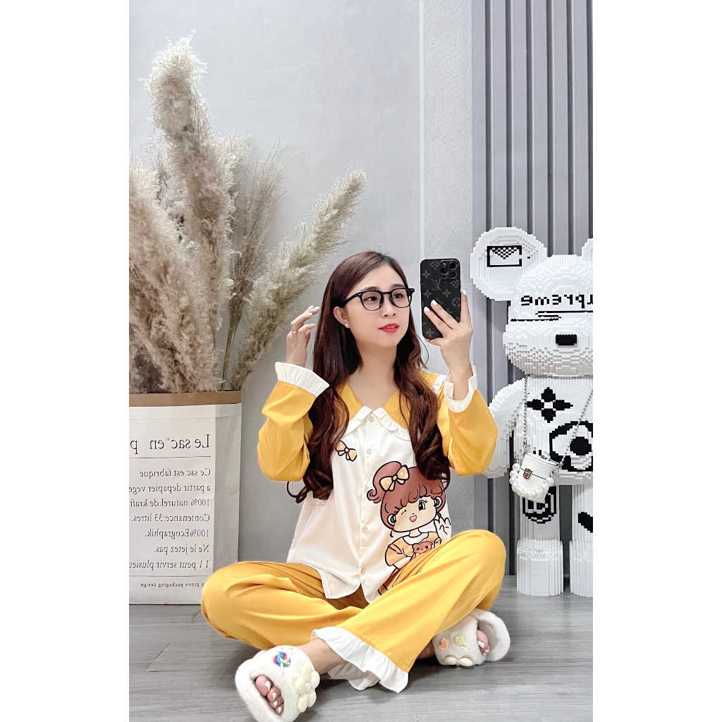 Đồ bộ nữ ANH MỸ pijama chất liệu lụa latin cổ bèo cao cấp tay dài quần dài LTTD-01