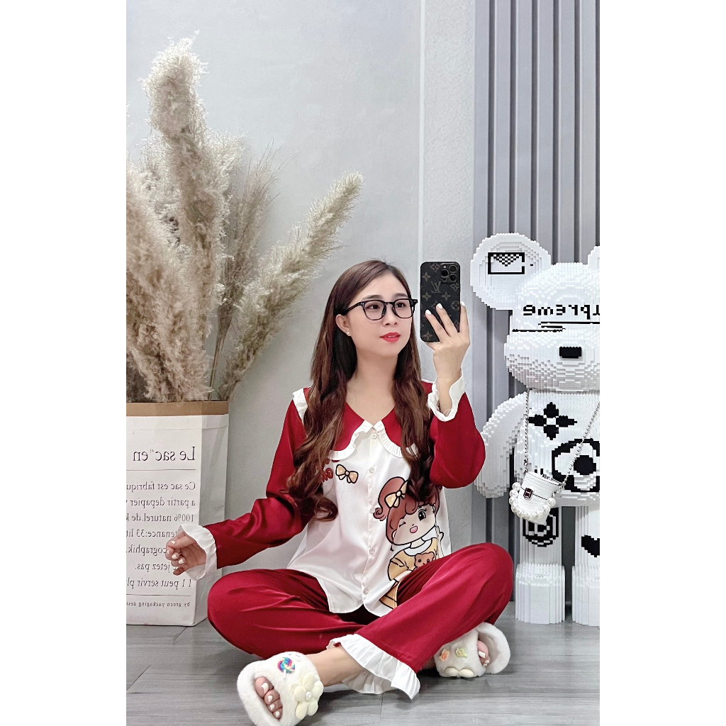 Đồ bộ nữ ANH MỸ pijama chất liệu lụa latin cổ bèo cao cấp tay dài quần dài LTTD-01