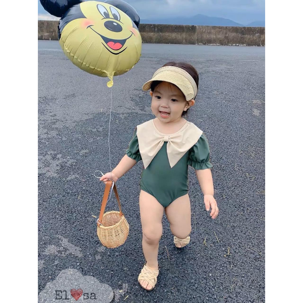 (8-22kg) Đồ bơi bé gái, bộ bikini liền thân tay bồng hở lưng đan chéo cho bé gái B015