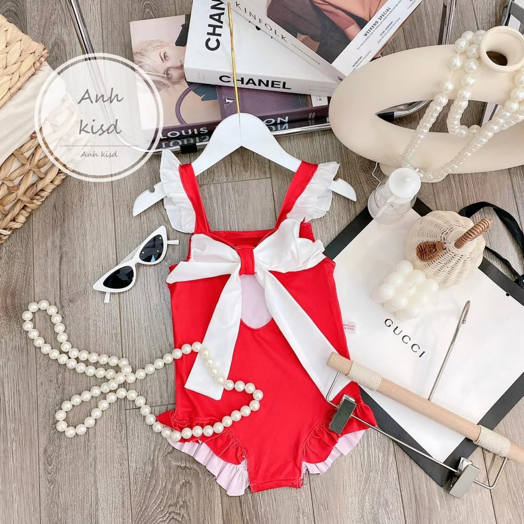 Đồ bơi bé gái, bộ bikini liền thân trơn nơ trước ngực cho bé B014