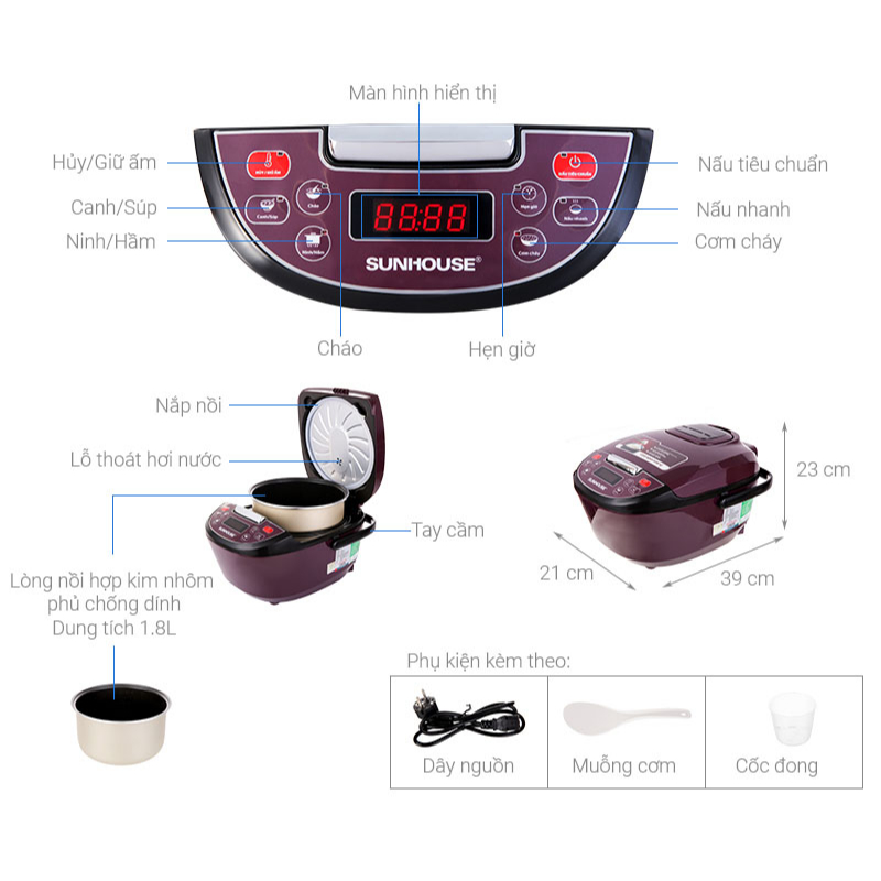 Nồi cơm điện tử 1.8L SUNHOUSE SHD8909